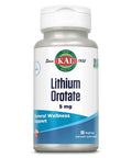 Lithium Orotate 5mg bottle front view, 60 vegetarian capsules for mood support and bioavailability, organic rice bran extract base.