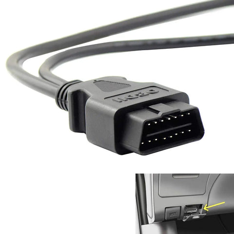 OBD2 OBD II Full 16 Pin Y Splitter Cable J1962 1 Male To 2 Female Connector close-up with under dash mount shown