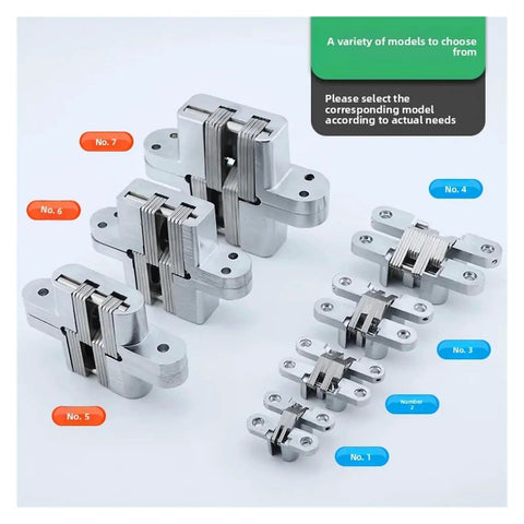 Heavy Duty Concealed Cross Hinge For Secret Doors Featuring Smooth Swing Motion and Stealthy Low Profile Hardware, multiple models displayed.