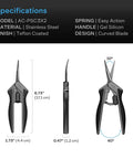 Specifications for 6.6 Inch Stainless Steel Curved Pruning Shears 2 Pack with Micro Tip, lightweight ergonomic grip, nonstick teflon coated.