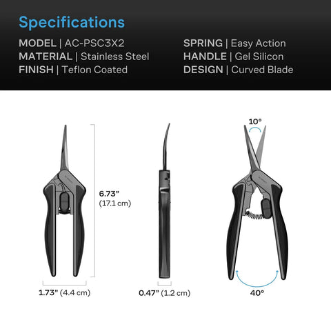 Specifications for 6.6 Inch Stainless Steel Curved Pruning Shears 2 Pack with Micro Tip, lightweight ergonomic grip, nonstick teflon coated.