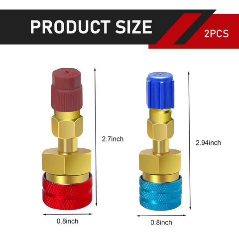 Top Shelf Two Piece R1234YF To R134A Quick Couplers Kit With Gold High And Low Side Hoses showcasing size specifications.