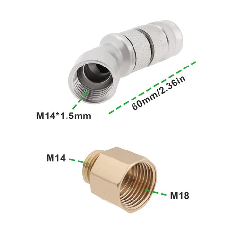 Two Pack 45 Degree Sprayer Nozzle Tips M14x1.5 Internal Thread With M14x1.5 To M18x1.5 Adapter, showing thread size and length