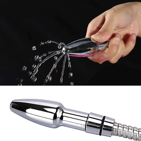 Dual Shower Head Enema System With Aluminum Nozzles, Flushing Cleansing Wand, water spray demonstration, silver finish