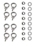 30 Piece Stainless Steel Eye Bolts Kit M4 M6 With Nuts For Wire Rope Tie Down, Built Tough For Heavy Duty Lifting Rings, Corrosion Resistant Outdoor Rigging Hardware You Can Count On. Stainless steel eye bolts, nuts, and washers laid out on white background