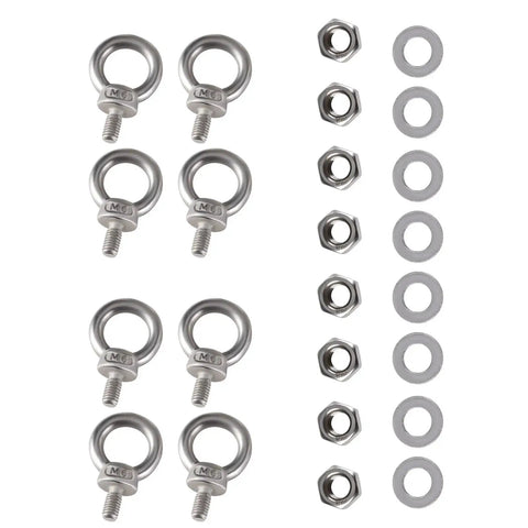30 Piece Stainless Steel Eye Bolts Kit M4 M6 With Nuts For Wire Rope Tie Down, Built Tough For Heavy Duty Lifting Rings, Corrosion Resistant Outdoor Rigging Hardware You Can Count On. Stainless steel eye bolts, nuts, and washers laid out on white background