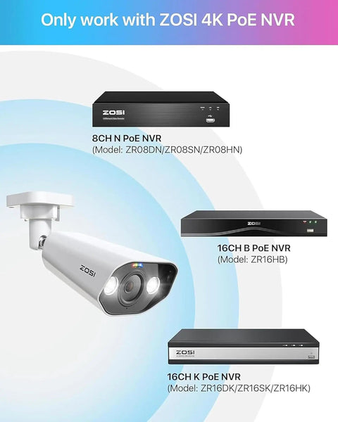 Rock Solid 5MP PoE Outdoor Security Cameras With Slick AI Person And Vehicle Detection Built Hella Tough For Extreme Weather Featuring Quick Ethernet Hookup And Seriously Crisp Video, Zosi camera with NVR options displayed.