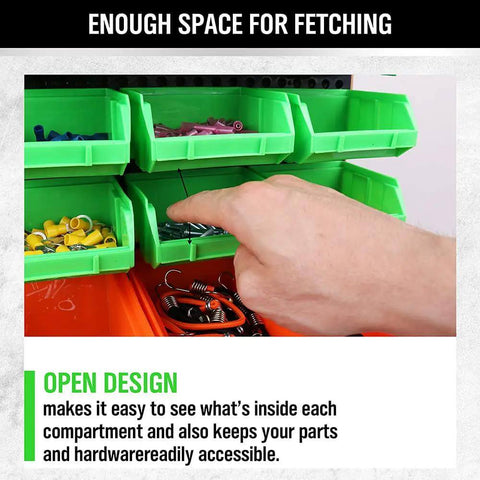 30 Bin Wall Mounted Hardware Organizer For Screws Nuts Bolts Nails And Small Parts, Heavy Duty Garage Storage System With Adjustable Removable Bins, Real Handy Space Saving Easy Install And Customizable Design, green bins close-up