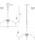 Measurements diagram of the Roma 22 Inch 5-Light French Country Chandelier with smoked cedar finish and adjustable height