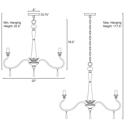 Measurements diagram of the Roma 22 Inch 5-Light French Country Chandelier with smoked cedar finish and adjustable height