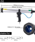 Pneumatic Caulking Gun 20 Oz Sausage, Aluminum Cylinder, 600 mL Capacity, size diagram, dripless air powered tool, detailed view