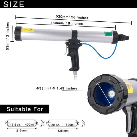 Pneumatic Caulking Gun 20 Oz Sausage, Aluminum Cylinder, 600 mL Capacity, size diagram, dripless air powered tool, detailed view