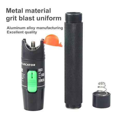 Visual fault locator fiber optic tester pen with green switch, black textured body, separate cap and spring.