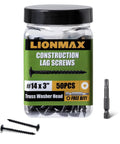 Beefy 3 Inch Lag Screws For Exterior Wood Construction, Size 14, 50 Pack, Washer Head, Black Coated, Rust Resistant, Star Drive With Bit