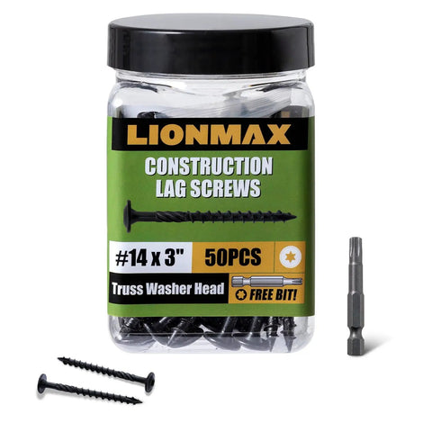 Beefy 3 Inch Lag Screws For Exterior Wood Construction, Size 14, 50 Pack, Washer Head, Black Coated, Rust Resistant, Star Drive With Bit