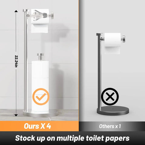One Hand Tear Free Damping Toilet Paper Holder Stand with storage for 4 rolls comparison with standard holder on side