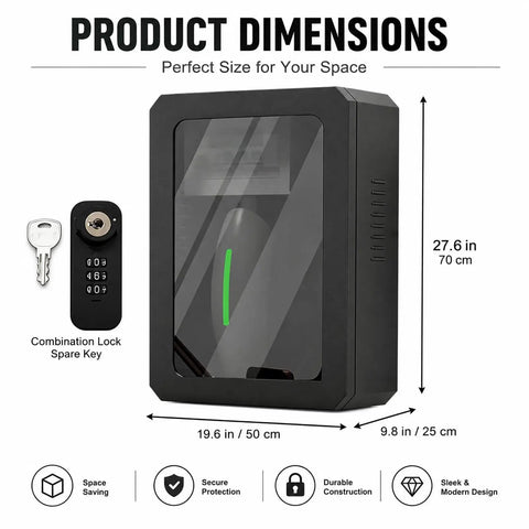 Heavy Duty EV Charger Wall Cover And Tough As Nails Steel Electrical Box featuring product dimensions and combination lock.