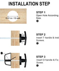 Installation steps for Heavy Duty Shed Door Latch Kit With T Handle Lock showing hole size and T handle insertion.