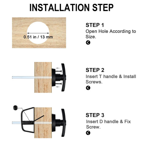 Installation steps for Heavy Duty Shed Door Latch Kit With T Handle Lock showing hole size and T handle insertion.
