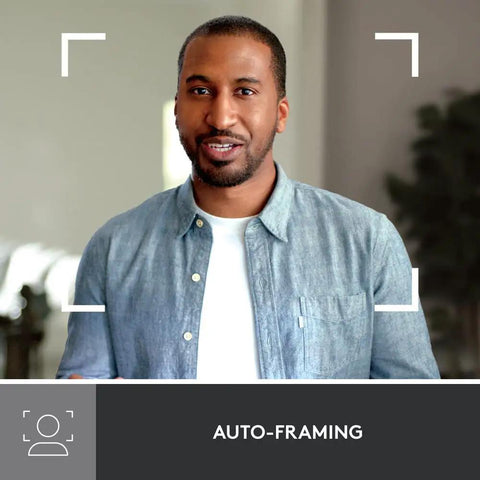 Man using Straight Up 1080P Webcam With Smart Auto Lighting Show Mode Built In Noise Cancelling Mics Privacy Shutter for auto-framing.