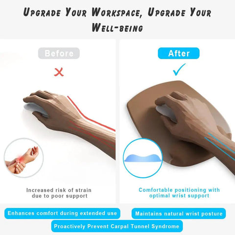 Before and after comparison of hand positioning with Gel Wrist Rest Mouse Pad With Contoured Cushion For Ergonomic Comfort.