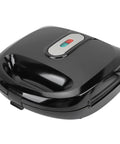 Closed black Electric Panini Press Sandwich Maker with indicator lights for easy use; Get That Crispy Crunch Every Time With This Badass 10 Plate Electric Panini Press Sandwich Maker. Features Rapid Heating And Multifunction Indoor Grill Capabilities Plus A Waffle Maker For All Your Baking Needs. The Ultimate EU Plug 220V Kitchen.