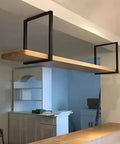 Built Different Heavy Duty Metal Shelf Brackets Ceiling Mount Hanging Shelf Supports With Screw Kit 3 Pack in kitchen, black and wood finish.