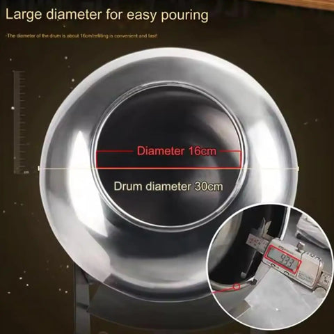 Close-up of Heavy Hitter All In One Candy And Chocolate Coating Machine drum showing 30cm diameter for easy pouring.