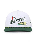 Front view of white and green golf hat with "Wasted" design.