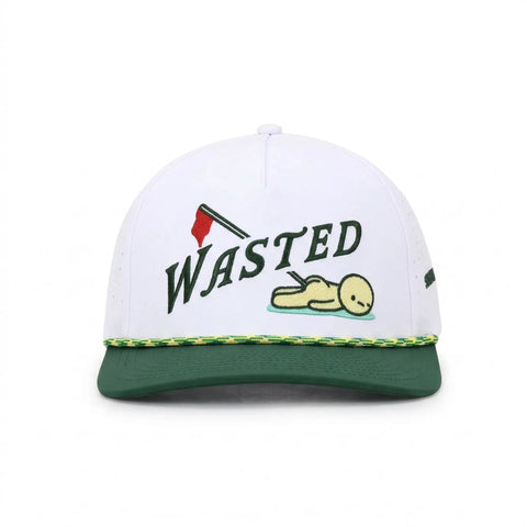 Front view of white and green golf hat with "Wasted" design.