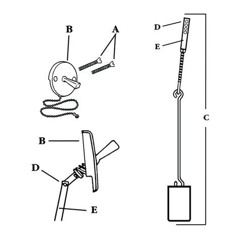 Diagram of brass tub drain linkage assembly replacement for trip lever bath drain, adjustable to fourteen and five eighths inches