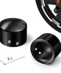CNC Front Axle Nut Covers For Harley Davidson Touring Sportster Dyna Softail Street Glide Road King Iron 883 Fat Boy 2002-2023 Black Anodized Aluminum Caps with screws and wrench
