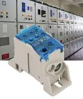 Top Shelf Heavy Duty 125A Din Rail Terminal Block For Cabinet Wiring Projects, grey body with blue cover, designed for easy electrical connections.