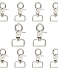 Ten silver swivel snap hooks with trigger clasps and rectangular D-rings for keychains and leashes.