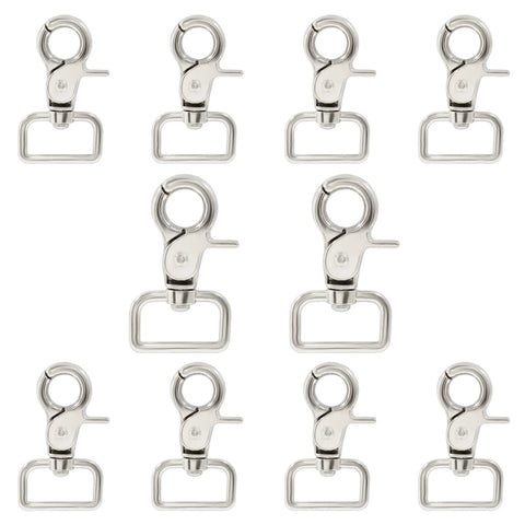 Ten silver swivel snap hooks with trigger clasps and rectangular D-rings for keychains and leashes.