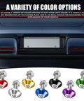 4 Piece Slick Gold Motorcycle License Plate Bolts in various colors displayed on a vehicle, showcasing premium M6 aluminum design.