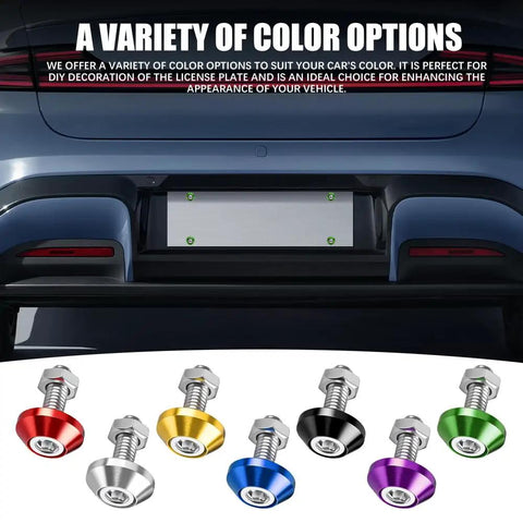 4 Piece Slick Gold Motorcycle License Plate Bolts in various colors displayed on a vehicle, showcasing premium M6 aluminum design.