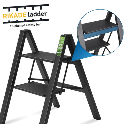 Lightweight Folding Step Stool With Wide Anti Slip Pedals Aluminum 2 Step Ladder For Home Office Kitchen Use Easy Fold Portable Durable 330lb Capacity Black Everyday, showing detailed view of steps.