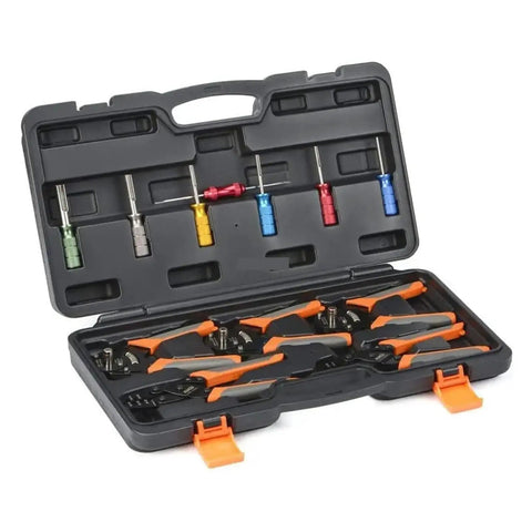 Premium Crimping Tool Kit With Quick Release Lever And Ergonomic Non-Slip Handles Perfect For Automotive Terminals Weather Pack Connections And Professional Wire Connector Crimping Jobs Today.. black case with orange handled crimpers and colored terminal dies