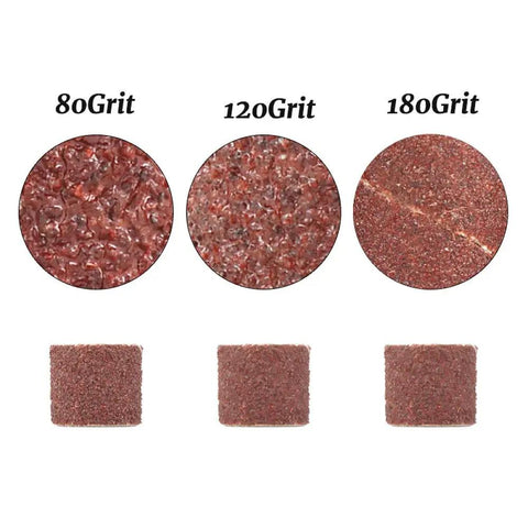 Kickass 12 Point 7 Millimeter Sanding Drum Kit Offering No Sweat Operation With Tight Grip Abrasive Bands In Eighty One Twenty One Eighty Grits. Close-up of sanding sleeves in 80, 120, and 180 grit.