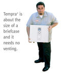 Top Shelf Electric Tankless Water Heater 36Kw 240V in a man's hands, compact size, suitable for easy installation, zero venting required.