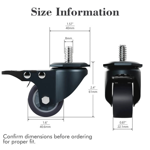 Rock Solid 1.6 Inch Swivel Caster Wheels With Locking Brakes dimensions showing size details for proper fit.