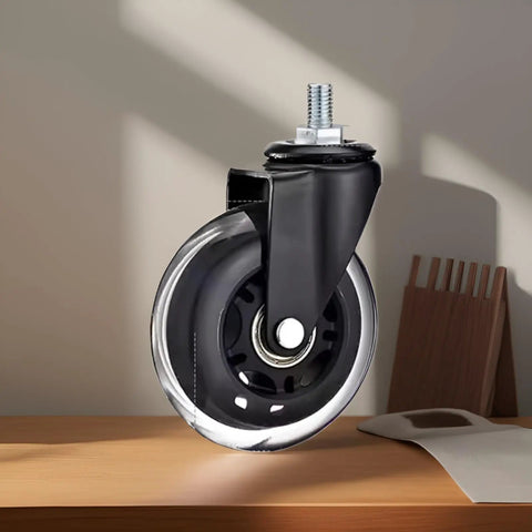 Set Of Five 3 Inch PU Caster Wheels With Locking Brakes For Heavy Duty Furniture And Work Carts shown in close-up on a table.