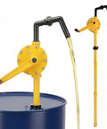 Heavy-Duty Barrel Pump Handles 15 To 55 Gallons Easy 10 Gpm Straight Up Fast Chemical Fuel Water Transfer Rock Solid Corrosion Resistant Polypropylene Pump pouring liquid from a blue drum.
