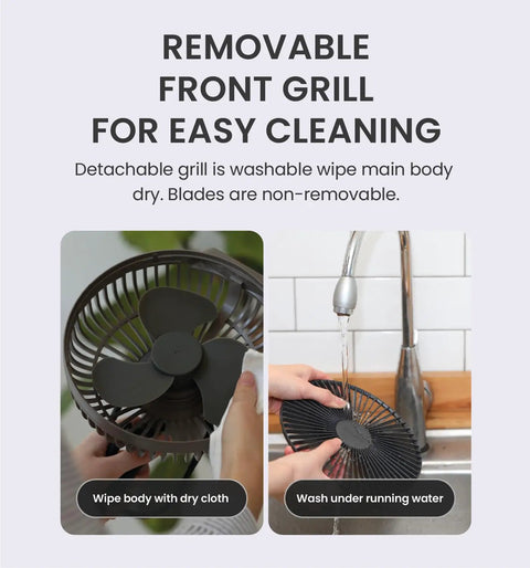 Cleaning removable grill of Warm Gray Rechargeable Portable Fan With 7800mAh Battery, USB C Charging, Four Speed BLDC Ultra Quiet Air Circulation