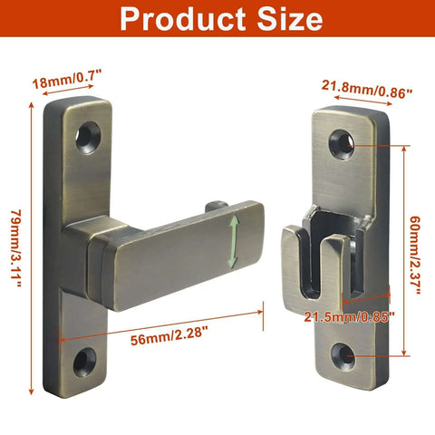 Heavy Duty 90 And 180 Degree Flip Latch Lock dimensions detailed view, antique bronze finish for sliding barn doors, gates, sheds.