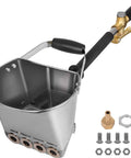 Job Site Ready Three Horsepower Stucco Sprayer With Four Jet Nozzles And Stainless Steel Body Plaster Cement Mortar Spray Gun built tough metal hopper front view with accessories.