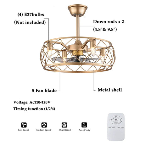 Dope Industrial 20 Inch Ceiling Fan With Light And Remote showing gold cage fixture and remote control, E27 bulbs, 3 speeds.