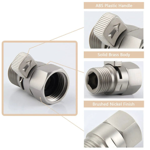 Universal Shower Head Flow Restrictor With G One Half Inch Adapter One Handed Non Slip Lever For Easy Flow Control Fits Most Shower Heads Brushed Nickel Finish, brushed nickel brass body