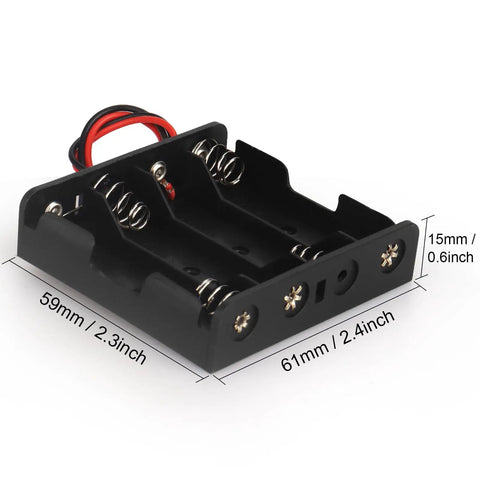 No Sweat 2 Pack 4 Slot AA Battery Holder With Tipped Leads black plastic holder for 4 AA batteries, 59mm x 61mm dimensions.